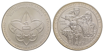 США 1 доллар 2010 100 лет бойскаутам Америки, в оригинальной коробке, с сертификатом KM 480 серебро BU 1-4-1-05