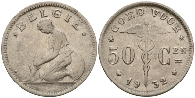 Бельгия 50 сантимов 1932 Belgie KM 88 никель 116-869