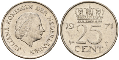 Нидерланды 25 центов 1971 Юлиана (1949-1980) KM 183 никель    4598-462