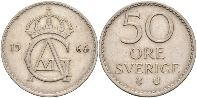 Швеция 50 эре 1966 U, Густав VI Адольф (1950-1973) KM 837 медно-никель 4379-1131