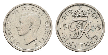 Великобритания 6 пенсов 1949 Георг VI (1936-1952) KM 875, Spink 4110 медно-никель 4651-1053