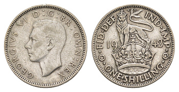 Великобритания 1 шиллинг 1942 Георг VI (1936-1952), Английский герб KM 853, Spink 4082 серебро 4631-453