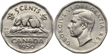 КАНАДА 5 ЦЕНТОВ 1950 БОБЁР, ГЕОРГ VI KM 42 никель 27-521