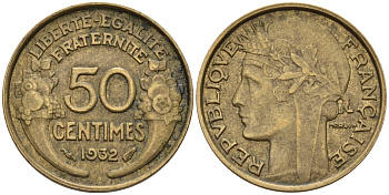Франция 50 сантимов 1932 KM 894.1, Le Franc 192.15 алюминиевая бронза 4596-758