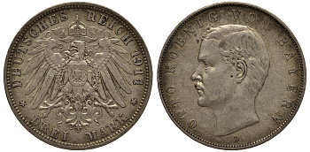 Бавария 3 марки 1911 Отто (1886-1913) Weege 45, J. 47, KM 515 серебро 3711-2035