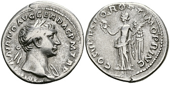 Римская Империя денарий 103 - 111 Траян COS V PP SPQR OPTIMO PRINC Виктория, держащая венок и пальмовую ветвь Рим Very fine RIC 128 серебро 1073-4-2-1