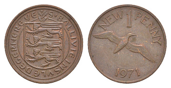 Гернси 1 новый пенни 1971 Елизавета II (1952-2022), северная олуша в полете KM 21 бронза 4655-935