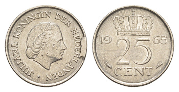 Нидерланды 25 центов 1965 Юлиана (1948-1980) KM 183 никель 4615-461