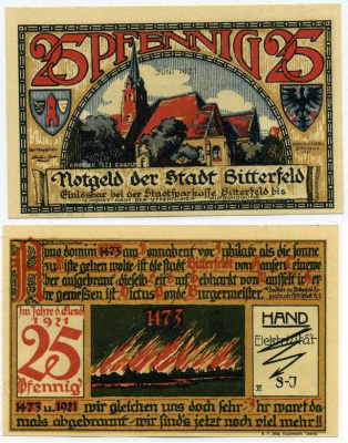 Германия, Биттерфельд 25 пфеннигов 1921 июнь 1921, нотгельд, земля Саксония-Ангальт Grabowski 111.1  бумага  UNC (пресс) 7221-12-1-2