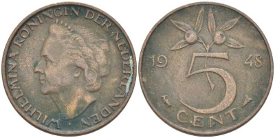 НИДЕРЛАНДЫ 5 ЦЕНТОВ 1948 ВИЛЬГЕЛЬМИНА (1890-1948) KM 176 бронза 213-1012