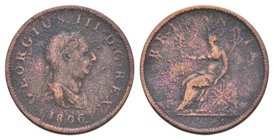Великобритания 1/2 пенни 1806 Георг III (1760-1820) KM 662, Spink 3781 медь 4656-141
