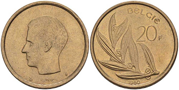 БЕЛЬГИЯ 20 ФРАНКОВ 1980 BELGIE, БОДУЭН I (1951-1993) KM 160 никель бронза 213-446