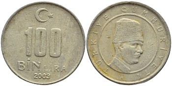 Турция 100000 лир 2003 Мустафа Кемаль Ататюрк KM 1106 медь никель цинк 4397-244