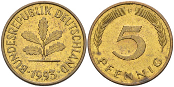 ФРГ 5 пфеннигов 1993 F KM 107 сталь плакированная латунью 4580-363
