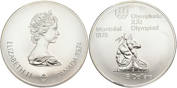 Канада 5 долларов 1974 XXI летние Олимпийские игры в Монреале 1976 года, гребля на каяке KM 92 серебро UNC 1525-441