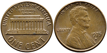 США 1 ЦЕНТ 1975 D, ЛИНКОЛЬН KM 201 медь цинк 4383-1168