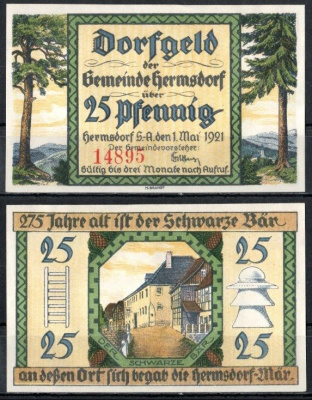 Хермсдорф (Тюрингия) 25 пфеннигов 1921 DeNG 1/2 600.1 1/4 бумага UNC (пресс) 7555-18-1-1