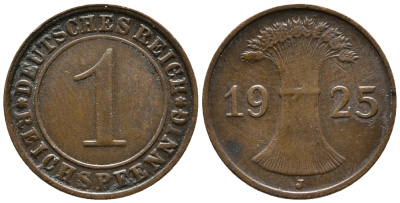 ГЕРМАНИЯ 1 РЕЙХСПФЕННИГ 1925 J KM 37, J. 313 бронза 39-869