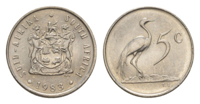 ЮАР 5 центов 1983 герб, райский журавль KM 84 никель UNC 4598-743