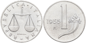 Италия 1 лира 1955 R, весы KM 91 алюминий  UNC  4594-741