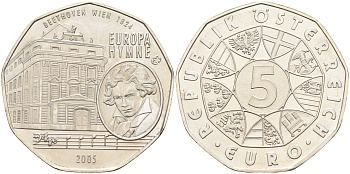 Австрия 5 евро 2005 10 лет вступления Австрии в ЕС, Бетховен, гимн ЕС KM 3120 серебро UNC 4593-126