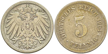 ГЕРМАНИЯ 5 ПФЕННИГОВ 1904 A KM 11, J. 12, Weege 6 медно-никель 206-936