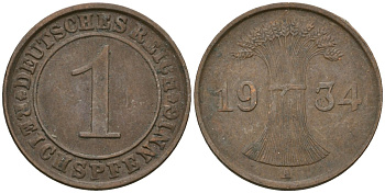 Германия 1 рейхспфенниг 1934 A KM 37, J. 313 бронза 4189-1247