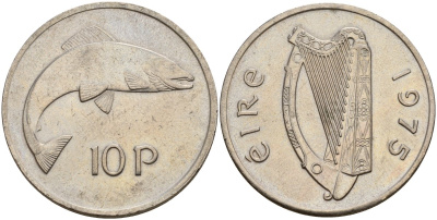 Ирландия 10 пенсов 1975 лосось KM 23 медно-никель 4140-325