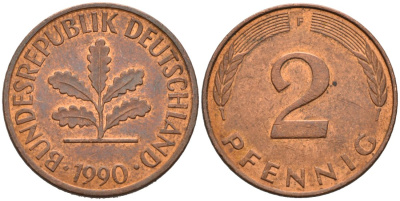 ФРГ 2 ПФЕННИГА 1990 F КМ 106а, J. 381а сталь плакированная медью 4567-543