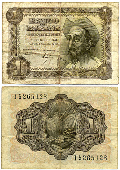 ИСПАНИЯ 1 ПЕСЕТА 1951 19 НОЯБРЯ 1951, ДОН КИХОТ Pick 139a бумага 8592-4-4-2