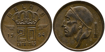 Бельгия 20 сантимов 1954 Belgie, Бодуэн I (1951-1993) KM 147.1 бронза 99-344