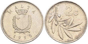 Мальта 2 цента 1995 оливковая ветвь KM 94 медно-никель 188-936