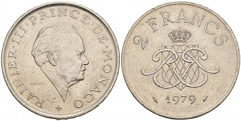 Монако 2 франка 1979 Ренье III (1949-2005) KM 157 никель 73-1457