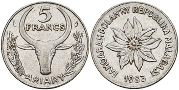 Мадагаскар 5 франков 1983 KM 10 сталь 4141-651