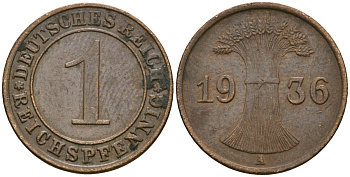 Германия 1 рейхспфенниг 1936 A KM 37, J. 313 бронза 4528-1266