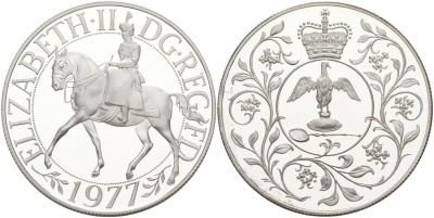 Великобритания 25 пенсов 1977 25 лет со дня коронации Елизаветы, в оригинальной коробке с сертификатом, Елизавета II (1952-2022) KM 920а, Spink 4227 серебро PROOF 00-00