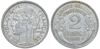 Франция 2 франка 1947 KM 886а.1, Le Franc 269.10 алюминий 4163-656
