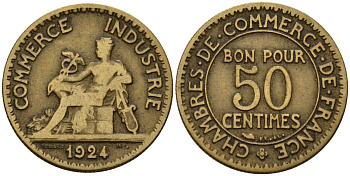 Франция 50 сантимов 1924 Тип CHAMBRES DE COMMERCE KM 884 алюминиевая бронза 4189-764