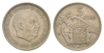 Испания 5 песет 1957 (62) Франсиско Франко (1939-1975) KM 786 медно-никель 4538-417