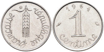 ФРАНЦИЯ 1 САНТИМ 1964 KM 928 хромированная сталь 4588-346