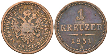 Австрия 1 крейцер 1851 A, Франц Иосиф I (1848-1916) KM 2185 медь 4615-263