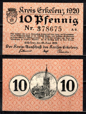 Эркеленц (Пруссия, Рейн) 10 пфеннигов 1920 Mehl Grabowski E24.10a бумага UNC (пресс) 7555-58-2-1