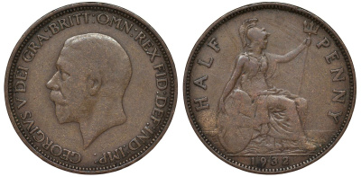 Великобритания 1/2 пенни 1932 Георг V (1910-1936) KM 837, Spink 4058 бронза 4128-852