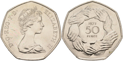 Великобритания 50 пенсов 1973 Елизавета II (1952-2022), вступление в Европейское экономическое сообщество KM 918, Spink 4224 медно-никель UNC 4565-246