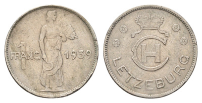 Люксембург 1 франк 1939 Шарлотта (1918-1964) KM 44 медно-никель 95-1222