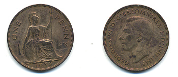 Великобритания 1 пенни 1938 Георг VI (1936-1952) KM 845, Spink 4114 бронза 83-614