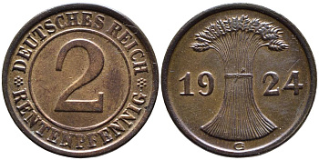 ГЕРМАНИЯ 2 РЕНТЕНПФЕННИГА 1924 G, ВЕЙМАРСКАЯ РЕСПУБЛИКА (1919-1933) KM 31, Jager 307, Weege 3 бронза 4546-814