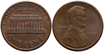 США 1 цент 1989 Линкольн KM 201b цинк плакированный медью 66-1033