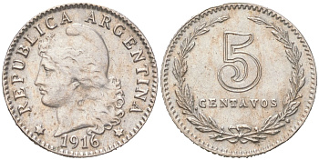 Аргентина 5 сентаво 1916 редкий год KM 34 медно-никель 4621-1037