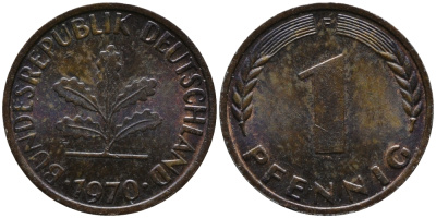 ФРГ 1 пфенниг 1970 F KM 105, J.380 сталь плакированная медью 99-313